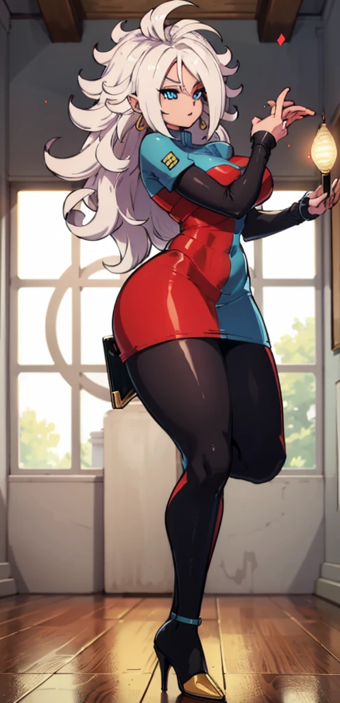 android 21, cups, pose lateral, She is sideways to the spectator, long brown hair, blue colored eyes, plaid dress, pantyhose, looking to the side, pose lateral, standing, ele está standing, serious, legs spread open, livingroom, light bulb, high qualiy, work of art, legs thick, big-ass, body healed,