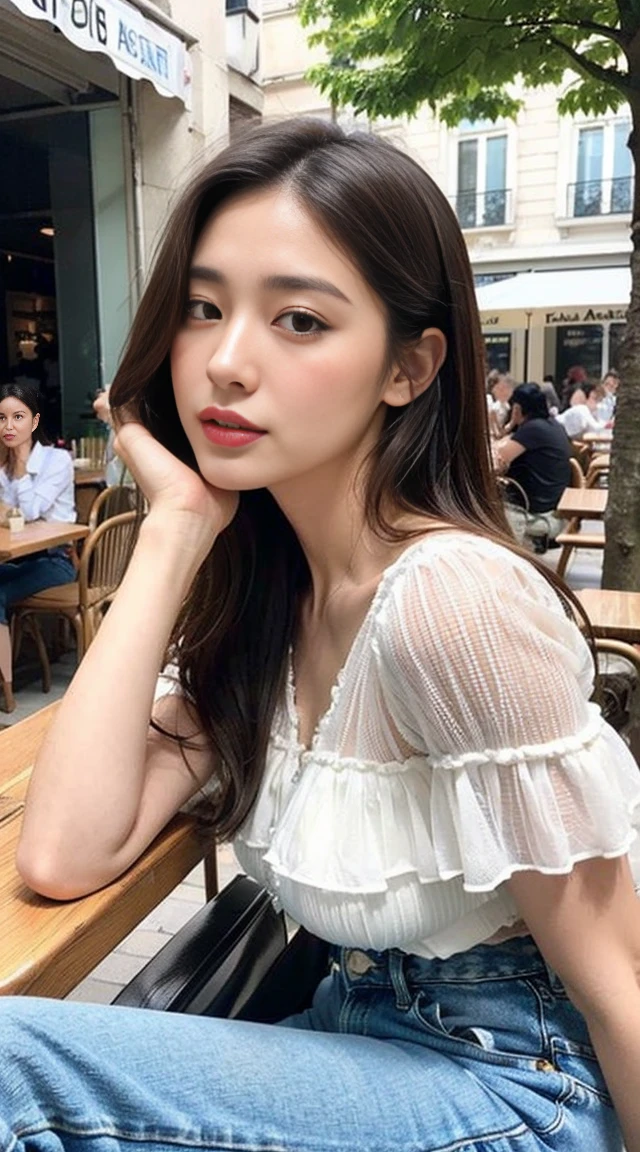 Dark brown hair、Light brown eyes、Japanese actress、 Lady、I am about 40 years old...........、(Intricate details:1.2)、 (Ultra-high resolution:1.2)、Ultra-high resolution、(Finely tuned)、(Detailed facial features)、Hmph、8K resolution、D cup size breasts、Long Hair、TulleTop、FrillsTop、Tulle Frills Top、Denim pants、At the terrace cafe、Basking in the sunshine、Sitting on a chair on the terrace、summer、hot、Trending Fashion、2024、Open your chin a little、Open your mouth a little、A street cafe in Paris、Fashionable cafes in Paris、