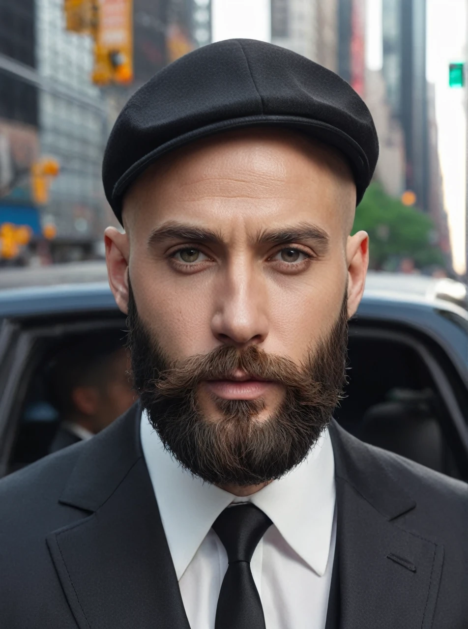 30 year old man. Ultra realistic. 4k. Bald. Bearded. Driving cap. Well dressed. Streets of new York. Head and shoulders. Wearing black suit