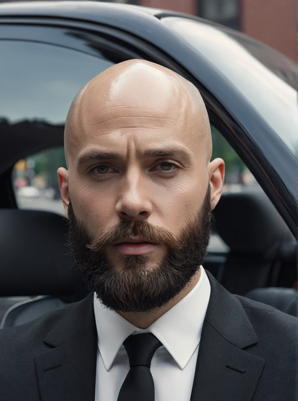 30 year old man. Ultra realistic. 4k. Bald. Bearded. Driving cap. Well dressed. Streets of new York. Head and shoulders. Wearing black suit