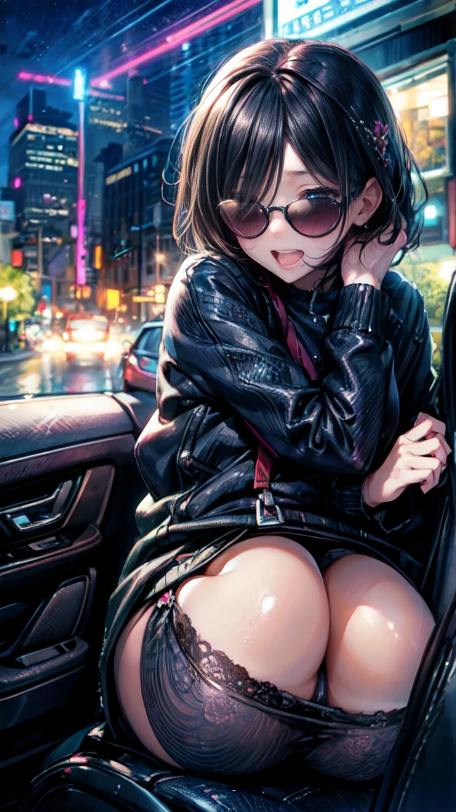 One Woman Car sex Big Butt Feeling face Inside the car at night Girls who love sex Happy face sunglasses Blushing and embarrassed Outdoor Exposure