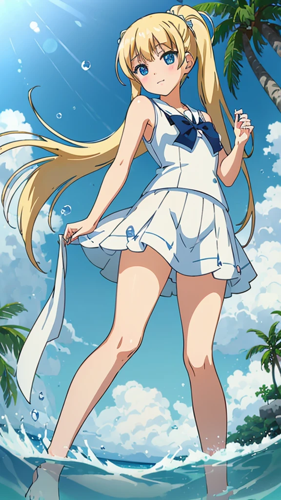 A nice white shirt that lets you see. 、Light blue flared skirt with ruffles、She lifts her skirt with both hands to show off her pretty white underwear.、Cute white underwear visible when you lift your skirt.、sandy beach, beautiful sea, night and starry sky small breasts