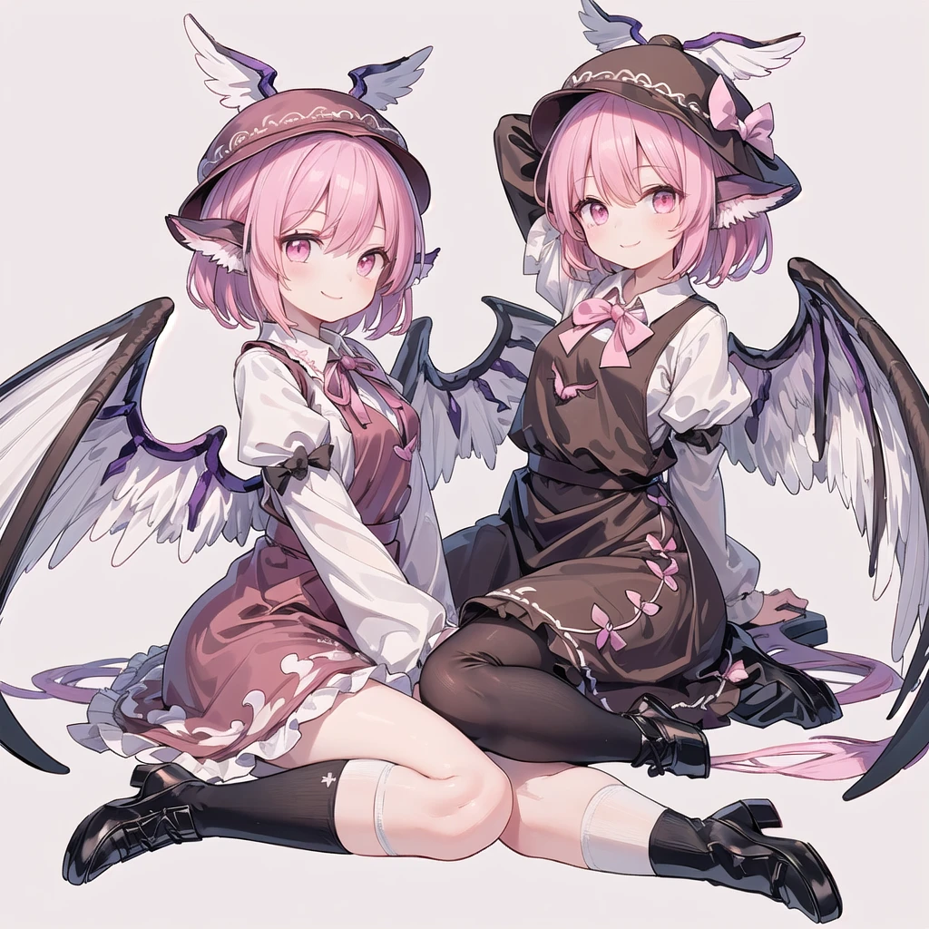 (((one girl))), (((mystia lorelei))),(((touhou))),(((short hair,pink hair))),(((pink eyes))),(((bird wings,feathered wings,white wings))),(((bird ears))),(((brown headwear, hat))),(((brown dress,pinafore dress,white shirt,collared shirt,dress bow,pink bow,long sleeves,frilled sleeves,sleeve garter, brown legwear,kneehighs,black footwear,winged hat,winged footwear))),(((smile))),(((full body))),(((arm behind head))),(((wariza))),(((simple white background))),(((from front)))