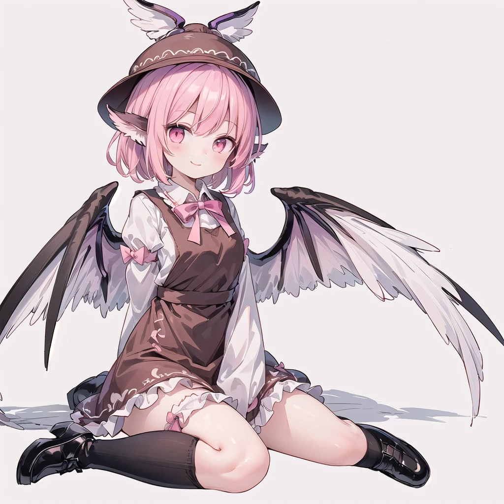 (((one girl))), (((mystia lorelei))),(((touhou))),(((short hair,pink hair))),(((pink eyes))),(((bird wings,feathered wings,white wings))),(((bird ears))),(((brown headwear, hat))),(((brown dress,pinafore dress,white shirt,collared shirt,dress bow,pink bow,long sleeves,frilled sleeves,sleeve garter, brown legwear,kneehighs,black footwear,winged hat,winged footwear))),(((smile))),(((full body))),(((arm behind head))),(((wariza))),(((simple white background))),(((from front)))