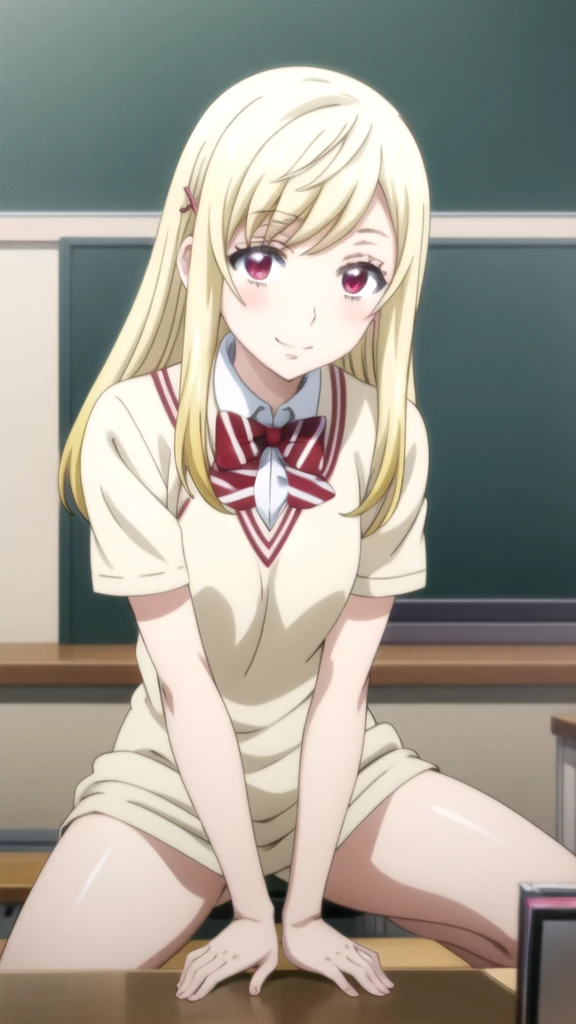 anime girl sitting on a desk en un aula with a blackboard, beautiful anime high Chica de escuela, a Híper realista , chica anime seductora, colegiala realista, linda colegiala, Híper realista , chica perfecta , arte cg anime suave, Chica de escuela, Mejor Chica Animé, de pie en clase, chica anime atractiva, en un aula (anime girl) Yamada mocking smile_yellow, 1chica , by rubio, alone, wide, hair ornament, , smile, bow, red eyes my dress darling anime, beautiful seductress anime anime