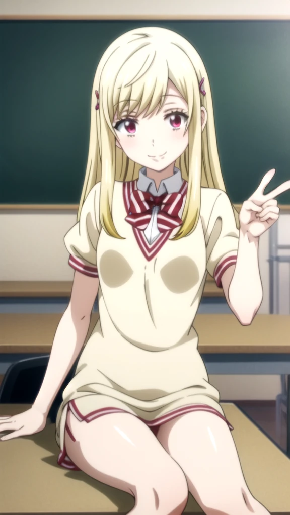 anime girl sitting on a desk en un aula with a blackboard, beautiful anime high Chica de escuela, a Híper realista , chica anime seductora, colegiala realista, linda colegiala, Híper realista , chica perfecta , arte cg anime suave, Chica de escuela, Mejor Chica Animé, de pie en clase, chica anime atractiva, en un aula (anime girl) Yamada mocking smile_yellow, 1chica , by rubio, alone, wide, hair ornament, , smile, bow, red eyes my dress darling anime, beautiful seductress anime anime