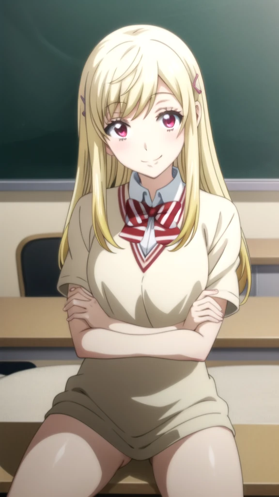 anime girl sitting on a desk en un aula with a blackboard, beautiful anime high Chica de escuela, a Híper realista , chica anime seductora, colegiala realista, linda colegiala, Híper realista , chica perfecta , arte cg anime suave, Chica de escuela, Mejor Chica Animé, de pie en clase, chica anime atractiva, en un aula (anime girl) Yamada mocking smile_yellow, 1chica , by rubio, alone, wide, hair ornament, , smile, bow, red eyes my dress darling anime, beautiful seductress anime anime