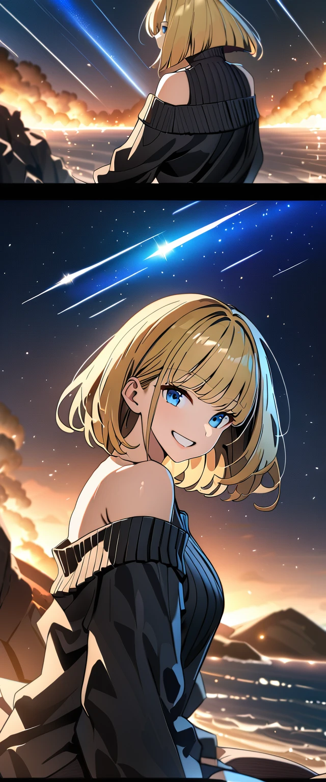 ((grin)), ((off-shoulder sweater:1.3, Quite thick shoulder straps)), ((black sweater)), ((blond hair, bob cut:1.3)), ((sunglasses, hand to sunglasses)), (((from side))), ((((upper body)))), ((Leaning to side)), (((A meteor shower dancing in the night sky, countless stars twinkling in the clear air))), ((sitting on the very high cliff)), wavy hair, inward curled hair, ((sea)), breasts, teenager, (looking at viewer), oversized clothes, puffy long sleeves, collarbone, head tilt:1.3, (((blue eyes))), happy smile, (((anime style))), (best quality, 4K, 8K, highres, masterpiece:1.2, ultra-detailed, ultra-detailed eyes, HDR, uhd, studio lighting, ultra-fine painting, sharp focus, physically-based rendering, extreme detail description, professional, vivid colors, bokeh)