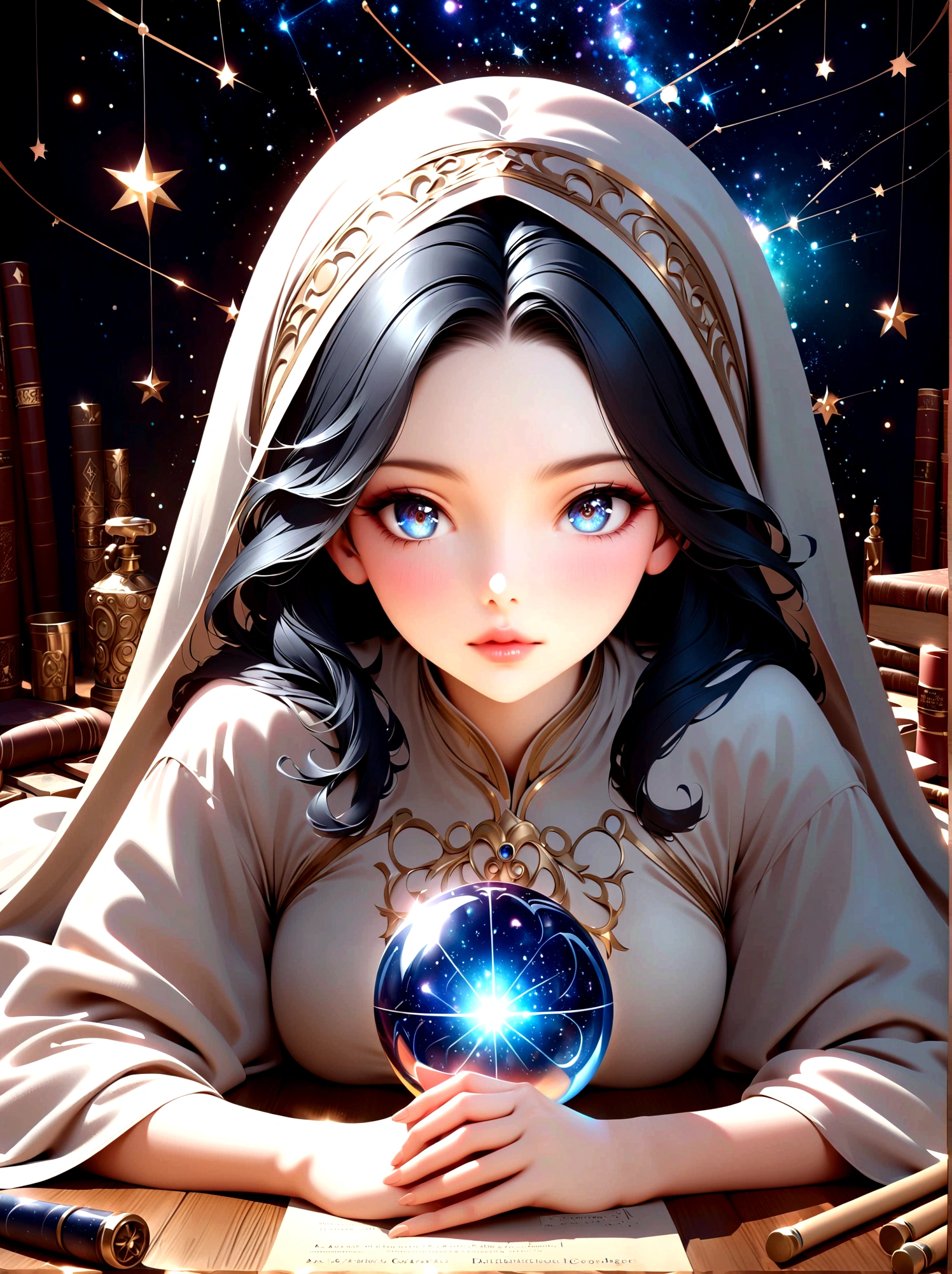 a mystic astrologer woman, flowing robes with intricate star patterns, holding a gleaming crystal ball, beautiful detailed eyes, beautiful detailed lips, long eyelashes, extremely detailed eyes and face, celestial background with stars and constellations, a desk filled with ancient scrolls and astrological tools, soft, ethereal lighting, dramatic shadows, slight bokeh effect, sharp focus, professional, vivid colors, artisan style, magical atmosphere, cosmic theme, (best quality, masterpiece:1.2), ultra-detailed, (realistic, photorealistic), illustration, 8k, highres