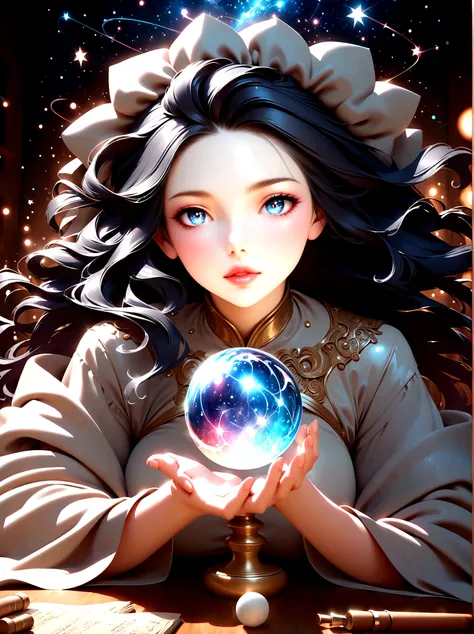 a mystic astrologer woman, flowing robes with intricate star patterns, holding a gleaming crystal ball, beautiful detailed eyes,...