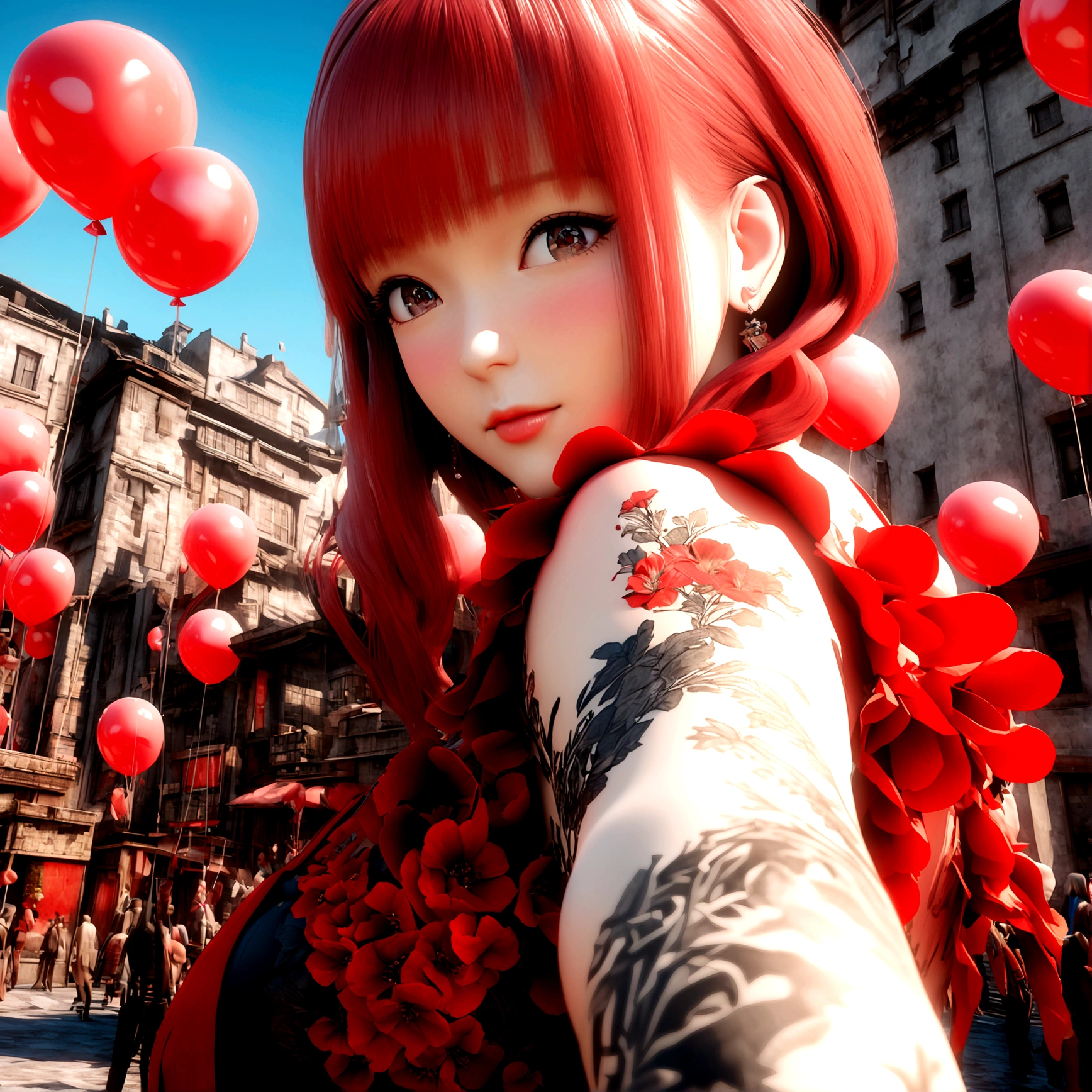 oil, Color Splash, Stylized photo of a 30 year old woman ,She has a red heart, Highest quality,The background is black , Very detailed, High resolution, 2000 people., 4K, 8K, 16K,32KK,Ultra Rendering, (flower tattoo on arm))); (((Depth Perception, 3D Motion))), (((Bright color palette, Use red, White and Charcoal))), (((The heart has balloons on the top and bottom)))