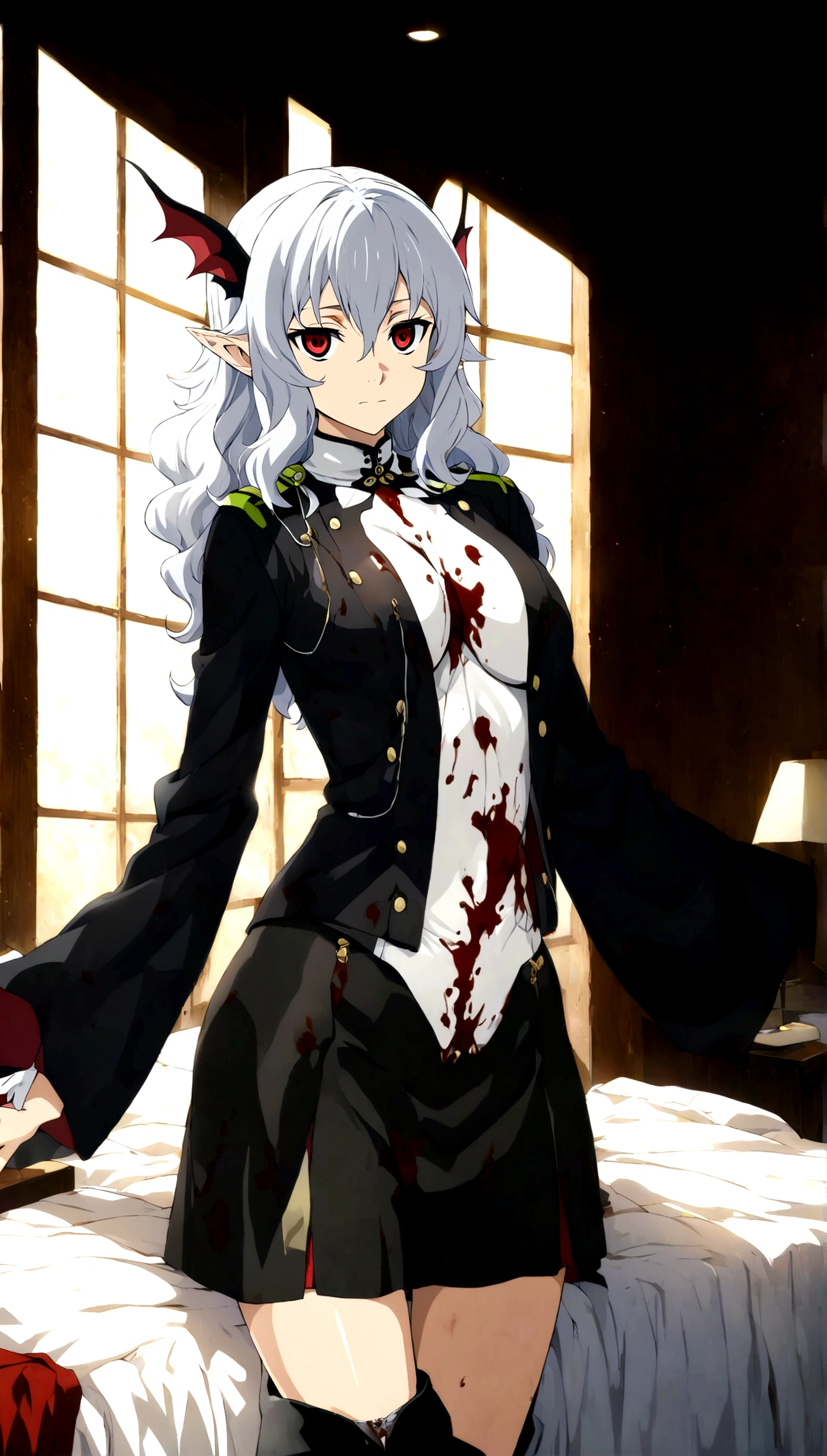 Anime. Owari no Seraph. 1 Girl. Dear . A vampire. Progenitor Clumsy. Silver hair. Wavy hair. Long hair. Red eyes. Beautiful eyes. Perfect eyes. Expressive eyes. Ideal face. Perfect body. Beautiful long ones. legs. Beautiful nose. 18 years. Big breasts. Standing. Full length Beautiful character design. Shiny skin. Pointy ears. White underwear. Period. The crotch is covered in blood. There is a speck of blood on the white panties. Hand on crotch. Bedroom. Full body. NSWF. Official art. Extremely detailed CG Unity 8k wallpaper. Ideal lighting. Ultra high resolution 4K. Super detailed 8K. A high resolution.