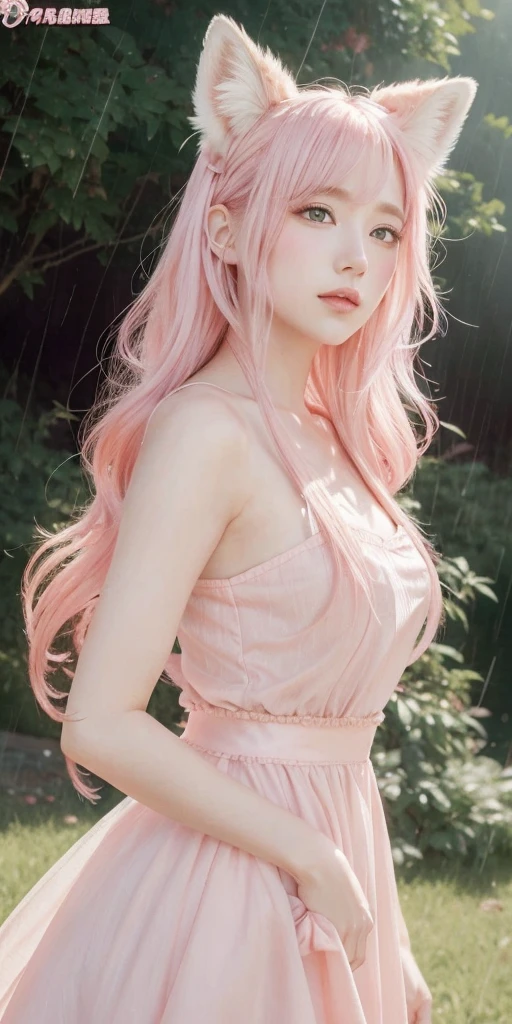 Nine snow-white fox tails (1.0), milky fox tail (1.0), fox close-up of nine tails, nine-tails, nine-tails, anime girl with pink hair and pink dress with flowers on her hair, very beautiful anime fox girl, beautiful anime fox girl, beautiful fantasy anime, guweiz, anime girl with fox ears, beautiful anime girl, very beautiful and cute fox girl, pink flower rain, background blur, anime style 4 K, anime fantasy artwork, 4k anime wallpaper, Artwork in the Guvez style