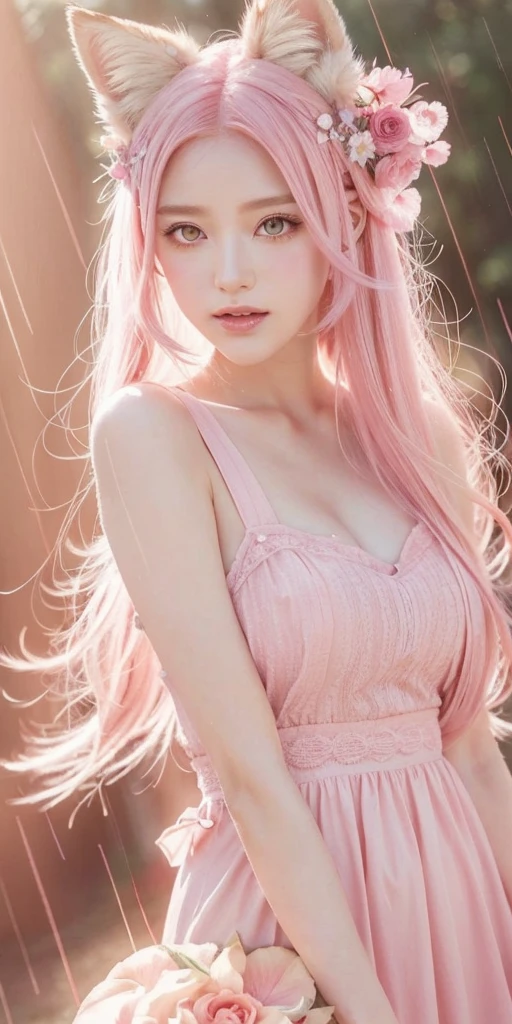 Nine snow-white fox tails (1.0), milky fox tail (1.0), fox close-up of nine tails, nine-tails, nine-tails, anime girl with pink hair and pink dress with flowers on her hair, very beautiful anime fox girl, beautiful anime fox girl, beautiful fantasy anime, guweiz, anime girl with fox ears, beautiful anime girl, very beautiful and cute fox girl, pink flower rain, background blur, anime style 4 K, anime fantasy artwork, 4k anime wallpaper, Artwork in the Guvez style