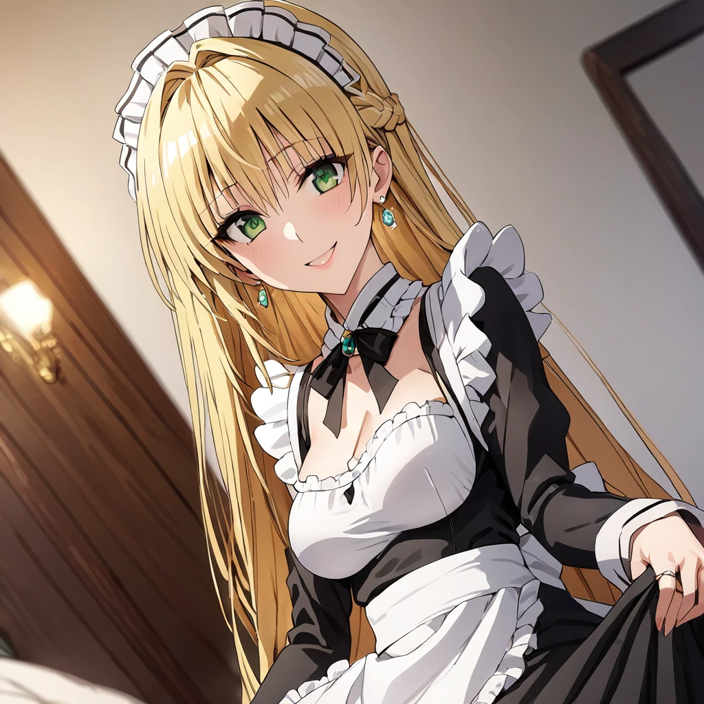 ((Highest quality)), ((masterpiece)), (detailed), (Perfect Face)、The woman is Tierre, with green eyes, medium-long blonde hair, a Victorian maid outfit and maid headband, jeweled earrings, and an engagement ring.、The woman is smiling fondly in a luxurious room、The Victorian maid uniform is a calm, old-fashioned type with long sleeves and a long skirt, decorated with luxurious gold embroidery and edging.