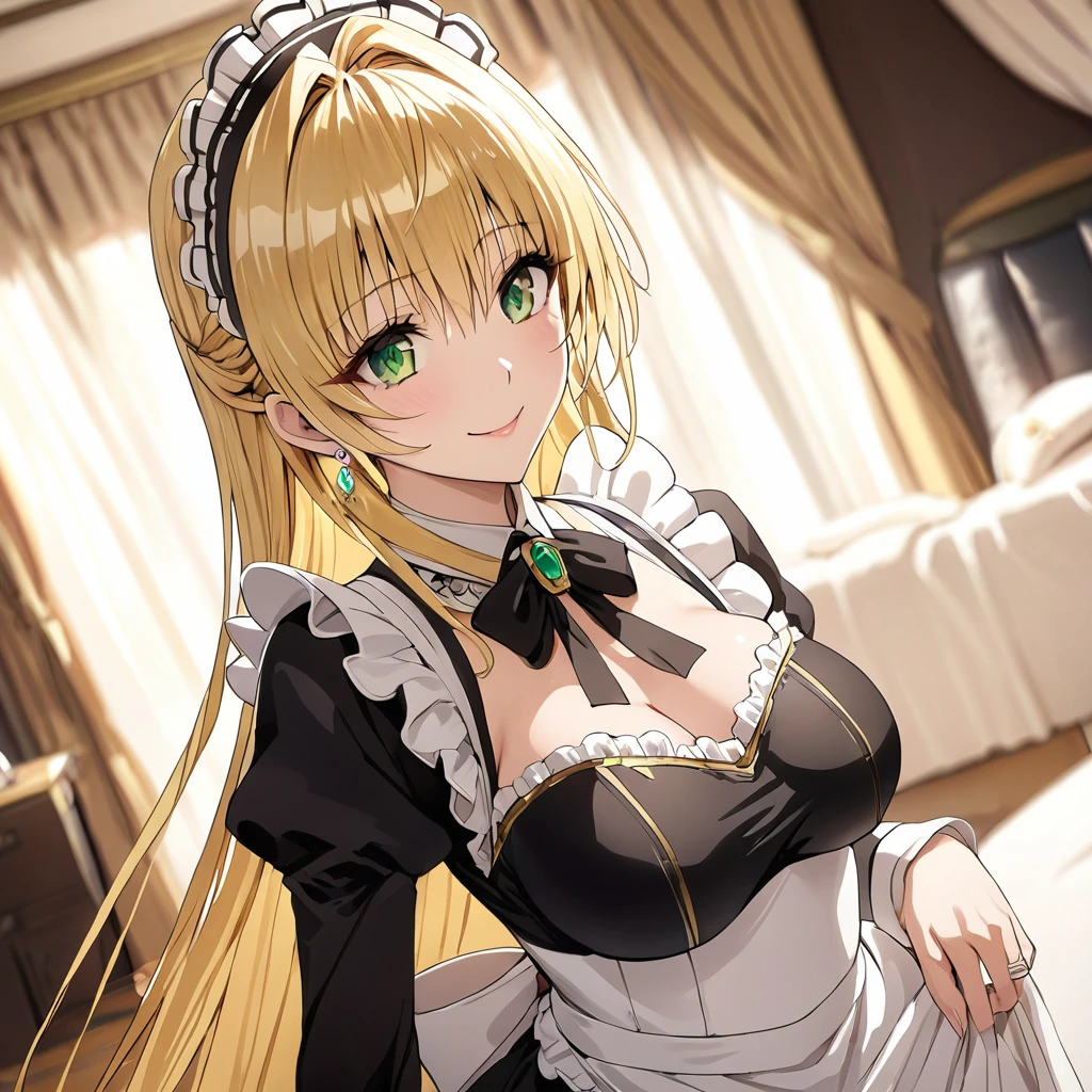 ((Highest quality)), ((masterpiece)), (detailed), （Perfect Face）、The woman is Tierre, with green eyes, medium-long blonde hair, a Victorian maid outfit and maid headband, jeweled earrings, and an engagement ring.、The woman is smiling fondly in a luxurious room、The Victorian maid uniform is a calm, old-fashioned type with long sleeves and a long skirt, decorated with luxurious gold embroidery and edging.