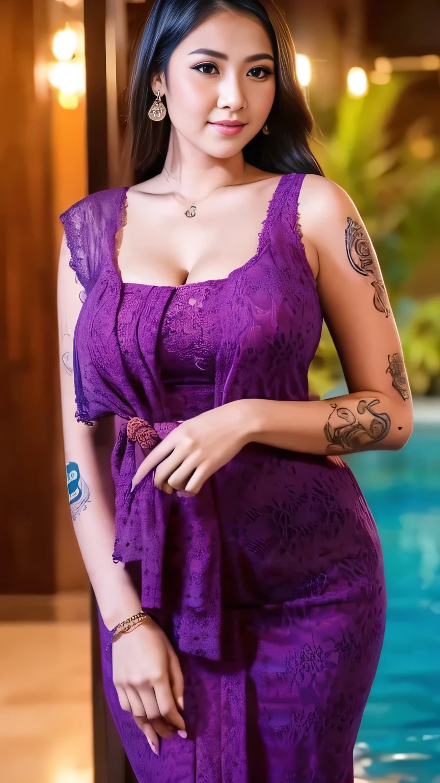 Cute Pakistani girl in hijab wearing patung dress with seducing pose, big smile, laughing, happy, big front teeth, bustling nighttime village, wearing hijab, bright golden color hijab, beauty skin, (huge breast:1.5), (nipple erected detailed:1.2), (dark hairy pussy:1.3), thick thighs bright lighting, big round ass, cute face, slim abs, 35mm lens, Extreme close-up, pastel color grading, depth of field cinematography effect, romantic film genre, 8k resolution, high quality, ultra detail,