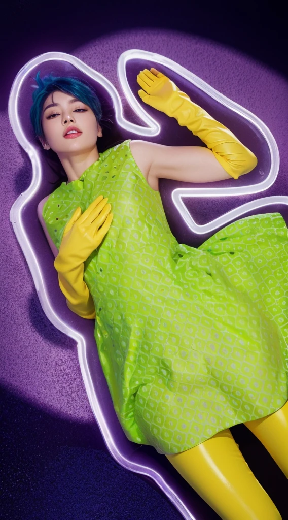 floor asphalt This image captures a visually striking scene floor asphalt featuring a woman lying on an asphalt surface, floor asphalt illuminated dramatically by a spotlight. The woman's appearance is particularly captivating; her glossy, satin-like skin has a refined and graceful quality. Her striking blue hair is styled in a modern, edgy cut, providing a vivid contrast against the dark asphalt. She is dressed in a bright green dress adorned with a playful geometric pattern, floor asphalt and her bold yellow gloves extend up to her elbows, adding a pop of color to the composition. The spotlight floor asphalt casts a strong light on her, highlighting the sheen of her skin and the vivid colors of her attire, floor asphalt creating deep shadows and a dramatic ambiance. The purple background contrasts sharply with her green dress and the surrounding white outline, which frames her elegantly in this urban, nocturnal setting. The overall effect is both surreal and artistic, floor asphalt focusing on her serene beauty amidst a stark floor asphalt environment.. glossy texture, smooth 3d model, multiple light sources, rim light, sharp post effects render, (glossy plastic texture with multiple big light probe refractions), perfect cgi, smooth silhouette, high intensity refraction, (super glossy plastic material), most beautiful vfx, , realistic, 4k, high resolution, rim light, smooth 3d model, multiple light sources, rim light, sharp post effects render,, realistic, 4k, high resolution, rim light detailed digital art, reflective, best quality, 4k, masterpiece:1.2, ultra-detailed, realistic, vivid colors, The image of the highest quality, ensuring every detail showcased perfectly. It in 4k resolution, allowing viewers to immerse themselves in the richness of the colors and intricate details. The realistic rendering. under the spotlight, reflecting, high-resolution image, realistic rendering