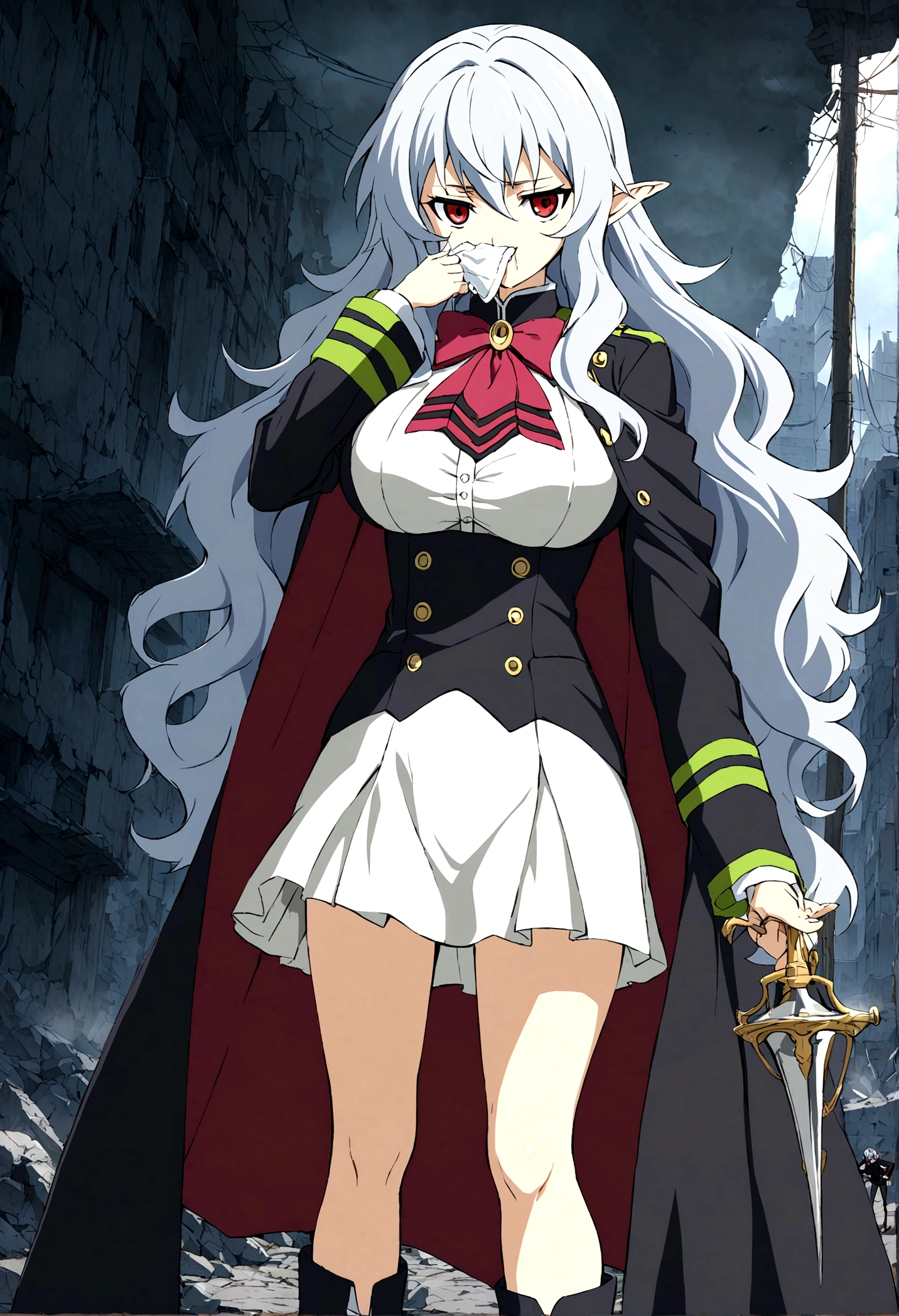 Anime. Owari no Seraph. 1 Girl. Dear . A vampire. Progenitor Clumsy. Silver hair. Wavy hair. Long hair. Red eyes. Beautiful eyes. Perfect eyes. Expressive eyes. Ideal face. Perfect body. Beautiful long ones. legs. Beautiful nose. 18 years. . Standing. Full length Beautiful character design. Shiny skin. Pointy ears. White dress. Vampire uniform dress from
Owari no Seraph. Black stockings. Heeled shoes. Rapier in right hand. Cold. Runny nose. Nasal mucus. Snot. Snot flows from the nose. She wants to sneeze. She needs to sneeze. She has a strong, desperate urge to sneeze. She sneezed. Sneezes with snot. sneezes while standing upright. Handkerchief. Hand with a handkerchief near the face. Blows his nose. Ruins of Tokyo. Full body. NSWF. Official art. Extremely detailed CG Unity 8k wallpaper. Ideal lighting. Ultra high resolution 4K. Super detailed 8K. A high resolution.