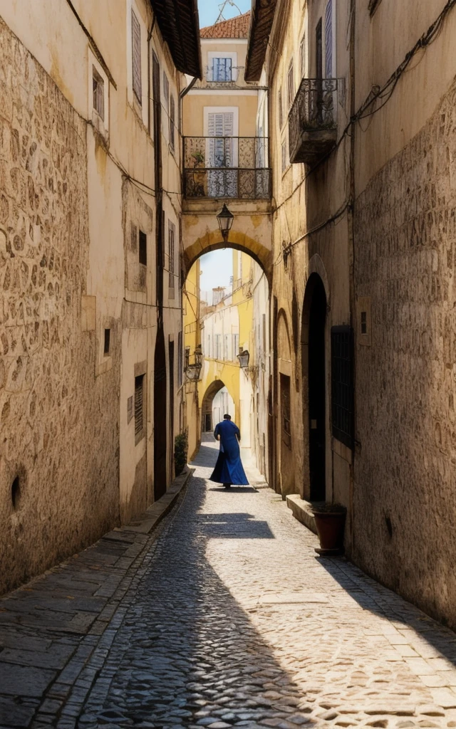 (style of Fan Ho), [vibrant Lisbon lightplay:urban texture:0.8] composition, capturing a mesmerizing moment of a woman moving through a narrow alley in Lisbon, Portugal, her form bathed in the interplay of light and shadow. Her attire, a simple yet elegant dress, mirrors the myriad of pastel hues that adorn the city's buildings, its fabric catching the sunlight that filters through the alley, creating a dynamic silhouette against the cobblestones. Her presence is accentuated by the subtle, intricate patterns of the azulejo tiles that line the walls around her, their historic designs a testament to Portuguese artistry. The scene is set within the labyrinthine hilly streets of Lisbon, where every turn reveals a new vista of architectural beauty and light. The composition focuses on the stark contrasts and soft transitions between light and shadow, crafting a narrative of exploration and discovery. The woman's path through the alley, bordered by the unique textures and colors of Lisbon's urban landscape, becomes a journey through a city alive with history and vibrant energy. This photograph captures a fleeting moment of connection between the subject and her surroundings, where the interplay of light and shadow tells a story of the day's beginning or end. It's a celebration of Lisbon's architectural charm, from the variegated pastel-colored buildings to the decorative azulejo tiles that offer a glimpse into the past. The image is a poetic reflection on the beauty of the mundane, transforming an ordinary walk through the city into an extraordinary exploration of light, texture, and color.  HairDetail EyeDetail