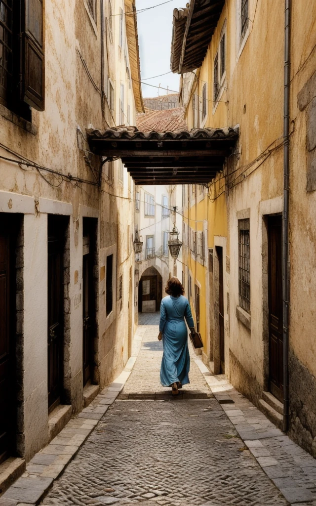 (style of Fan Ho), [vibrant Lisbon lightplay:urban texture:0.8] composition, capturing a mesmerizing moment of a woman moving through a narrow alley in Lisbon, Portugal, her form bathed in the interplay of light and shadow. Her attire, a simple yet elegant dress, mirrors the myriad of pastel hues that adorn the city's buildings, its fabric catching the sunlight that filters through the alley, creating a dynamic silhouette against the cobblestones. Her presence is accentuated by the subtle, intricate patterns of the azulejo tiles that line the walls around her, their historic designs a testament to Portuguese artistry. The scene is set within the labyrinthine hilly streets of Lisbon, where every turn reveals a new vista of architectural beauty and light. The composition focuses on the stark contrasts and soft transitions between light and shadow, crafting a narrative of exploration and discovery. The woman's path through the alley, bordered by the unique textures and colors of Lisbon's urban landscape, becomes a journey through a city alive with history and vibrant energy. This photograph captures a fleeting moment of connection between the subject and her surroundings, where the interplay of light and shadow tells a story of the day's beginning or end. It's a celebration of Lisbon's architectural charm, from the variegated pastel-colored buildings to the decorative azulejo tiles that offer a glimpse into the past. The image is a poetic reflection on the beauty of the mundane, transforming an ordinary walk through the city into an extraordinary exploration of light, texture, and color.  HairDetail EyeDetail