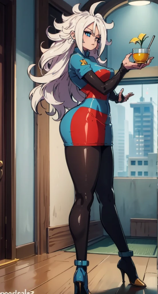 android 21, cups, pose lateral, She is sideways to the spectator, long brown hair, blue colored eyes, plaid dress, pantyhose, looking to the side, pose lateral, standing, ele está standing, serious, legs spread open, livingroom, light bulb, high qualiy, work of art, legs thick, big-ass, body healed,