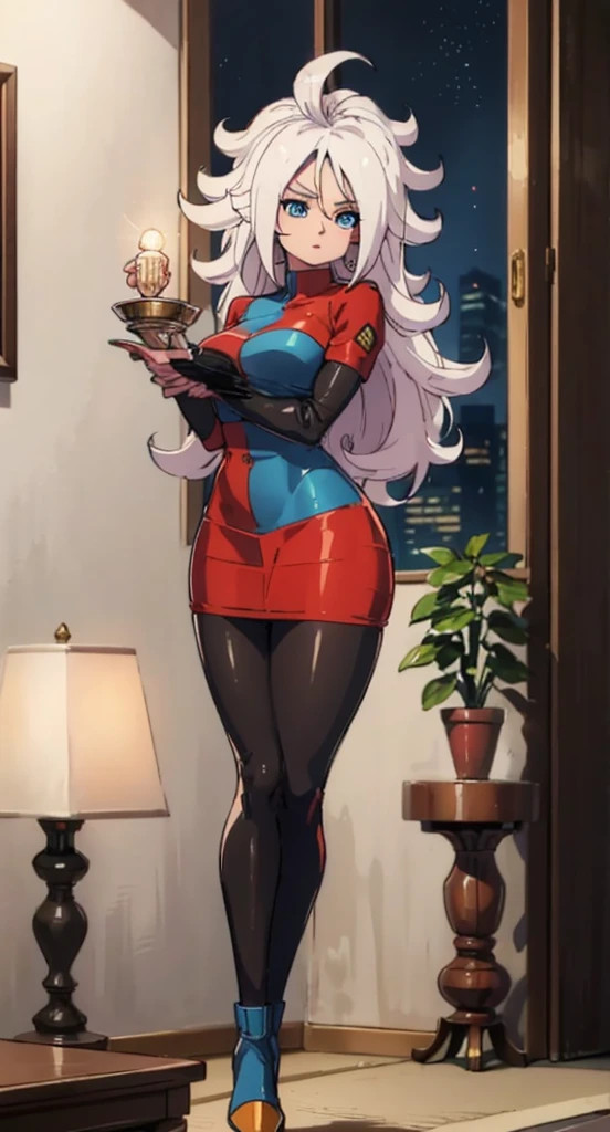 android 21, cups, pose lateral, She is sideways to the spectator, long brown hair, blue colored eyes, plaid dress, pantyhose, looking to the side, pose lateral, standing, ele está standing, serious, legs spread open, livingroom, light bulb, high qualiy, work of art, legs thick, big-ass, body healed,