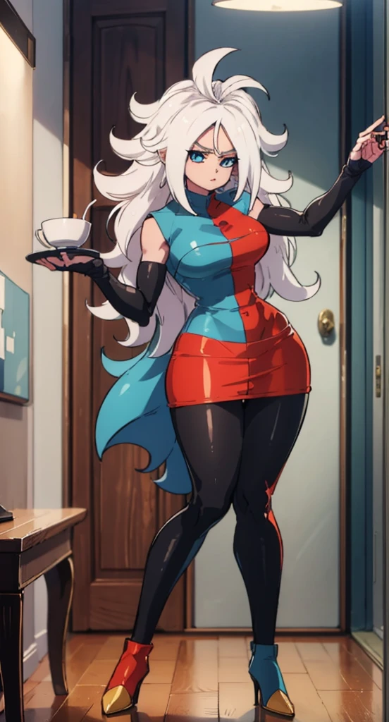 android 21, cups, pose lateral, She is sideways to the spectator, long brown hair, blue colored eyes, plaid dress, pantyhose, looking to the side, pose lateral, standing, ele está standing, serious, legs spread open, livingroom, light bulb, high qualiy, work of art, legs thick, big-ass, body healed,