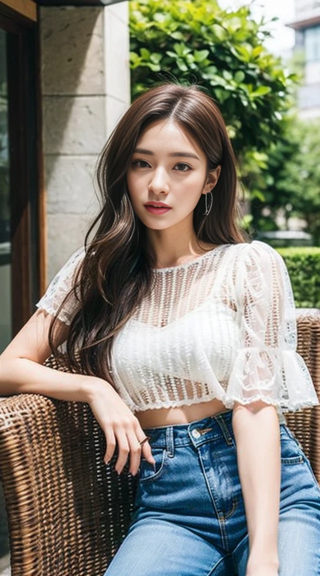 Dark brown hair、Light brown eyes、Japanese actress、 Lady、I am about 40 years old...........、(Intricate details:1.2)、 (Ultra-high resolution:1.2)、Ultra-high resolution、(Finely tuned)、(Detailed facial features)、Hmph、8K resolution、D cup size breasts、Long Hair、TulleTop、FrillsTop、Tulle Frills Top、Denim pants、At the terrace cafe、Basking in the sunshine、Sitting on a chair on the terrace、summer、hot、Trending Fashion、2024、SmartphoneォンLooking at、