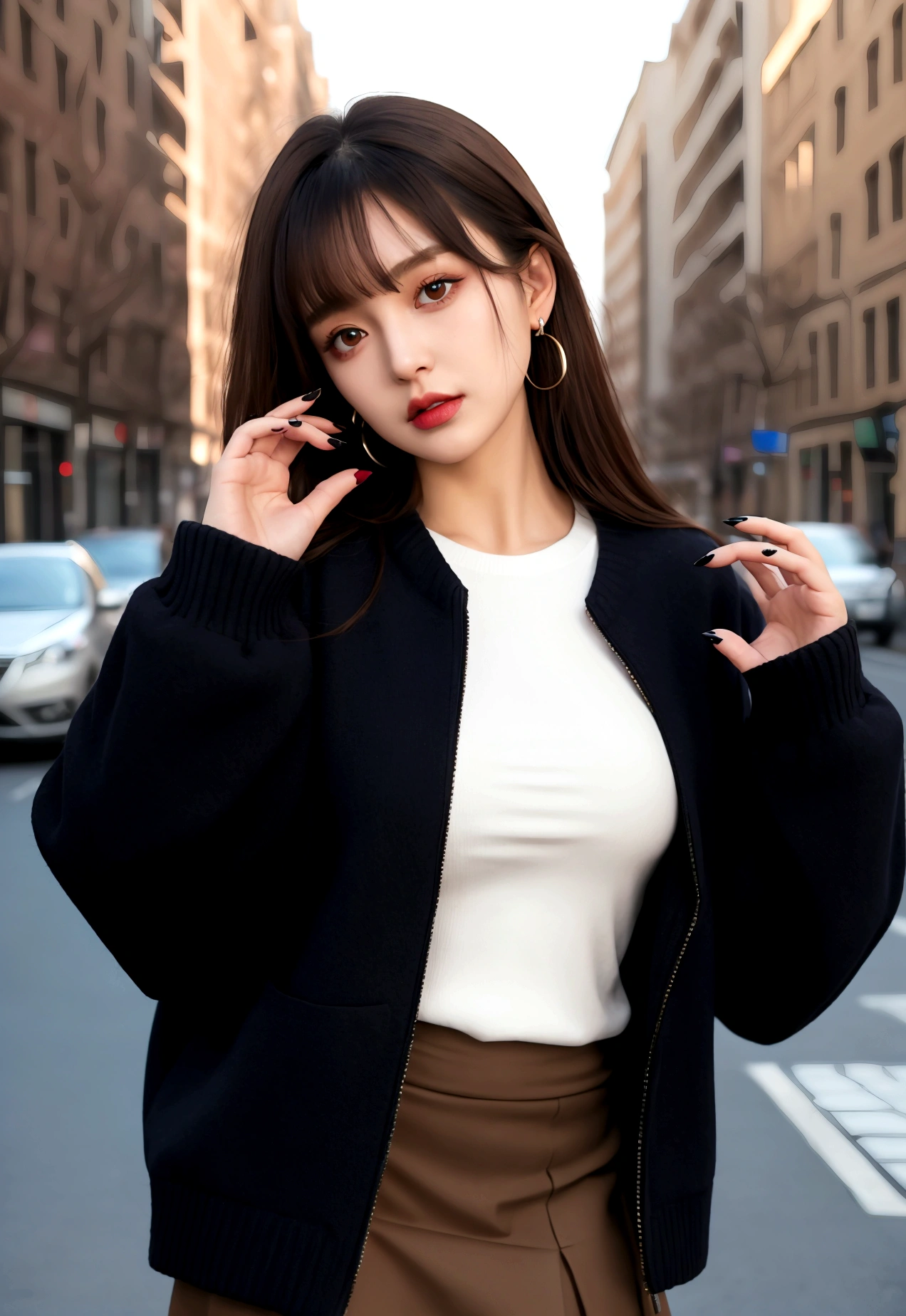 Characterful,, , 1 Girl, Ahog, Bangs, black skirt, black sweater, Blue nails, Vague, Vague background, breast, Brown eyes, Brown hair, brown jacket, Shut up, Outdated, sky, Depth of Field, earrings, eyelash, hands up, Head tilt, jacket, Jewelry, Long hair, Long sleeve, Looking at the audience, medium breast, Nail polish, Open clothes, open jacket, outdoor, Pursed lips, Tuck your shirt into your pants, Side lock, skirt, Sleeves over wrists, Solitary, sweater, Upper Body, zipper, , , ((masterpiece)), , 