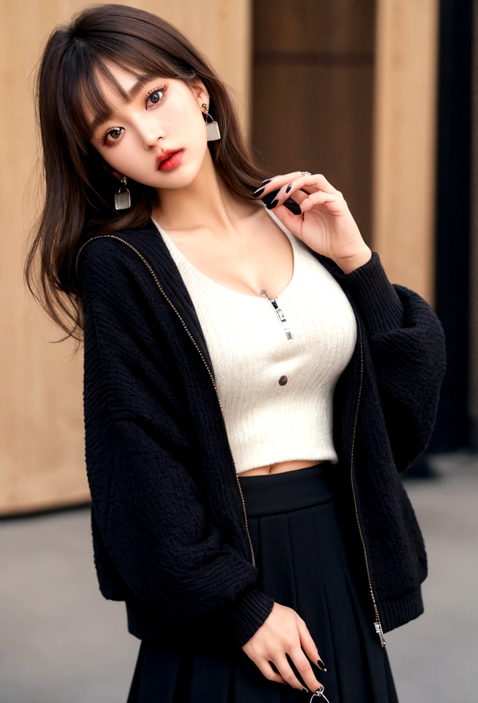 Characterful,, , 1 Girl, Ahog, Bangs, black skirt, black sweater, Blue nails, Vague, Vague background, breast, Brown eyes, Brown hair, brown jacket, Shut up, Outdated, sky, Depth of Field, earrings, eyelash, hands up, Head tilt, jacket, Jewelry, Long hair, Long sleeve, Looking at the audience, medium breast, Nail polish, Open clothes, open jacket, outdoor, Pursed lips, Tuck your shirt into your pants, Side lock, skirt, Sleeves over wrists, Solitary, sweater, Upper Body, zipper, , , ((masterpiece)), , 