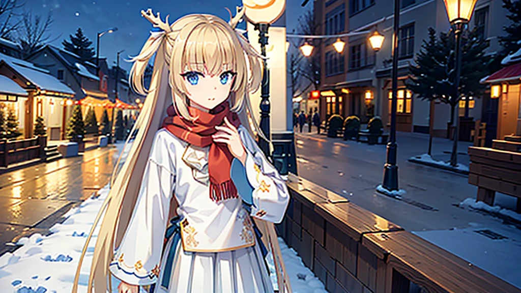 ((masterpiece)),(best quality),Official Art,Extremely detailed CG,Unity 8K wallpaper,Very detailed,Beautiful and delicate eyes,Extremely detailed face,1 girl,solitary,,(whole body:1.5),(small:1.3),，winter，Christmas Star，Light up the lights，Wish you a Happy New Year，Spring Festival，Wear a long red scarf，Red Jacket，Walking in the street，Celebrate in a warm atmosphere，Getchu Bishoujo Game Awards 2023 Magazine Cover，The encounter between reindeer bells and snowflakes