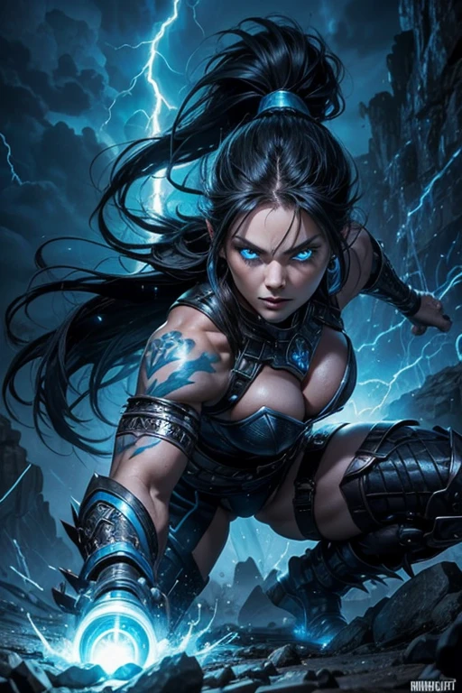 MILF, evil beautiful and muscular female Nordic storm giant with blue black hair in a ponytail, older and mature looking , throwing a lightning bolt, glowing tattoos, wearing steel runic plate mail Armour , temple cave background with lightning storm, glowing blue eyes, powerful and imposing