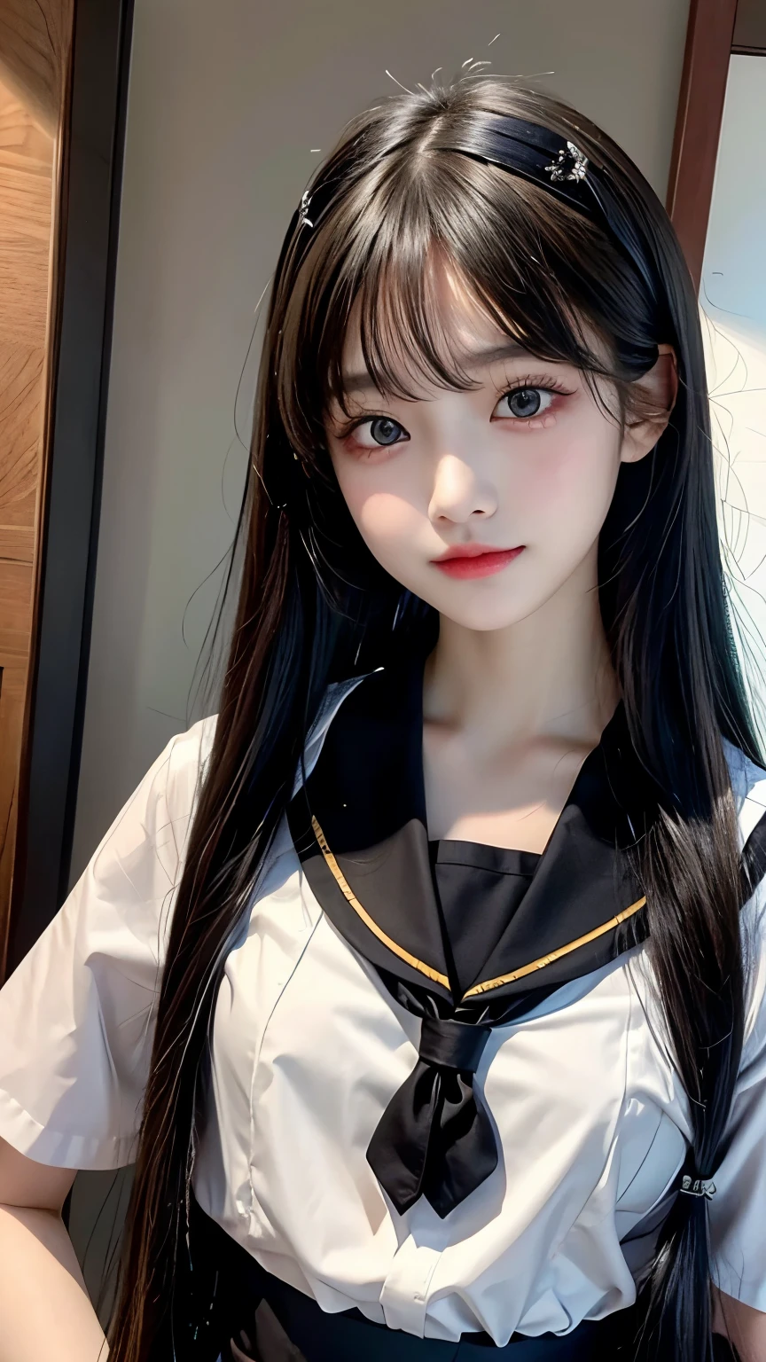 Long black hair, black eyes, girl, sailor uniform, Japanese student