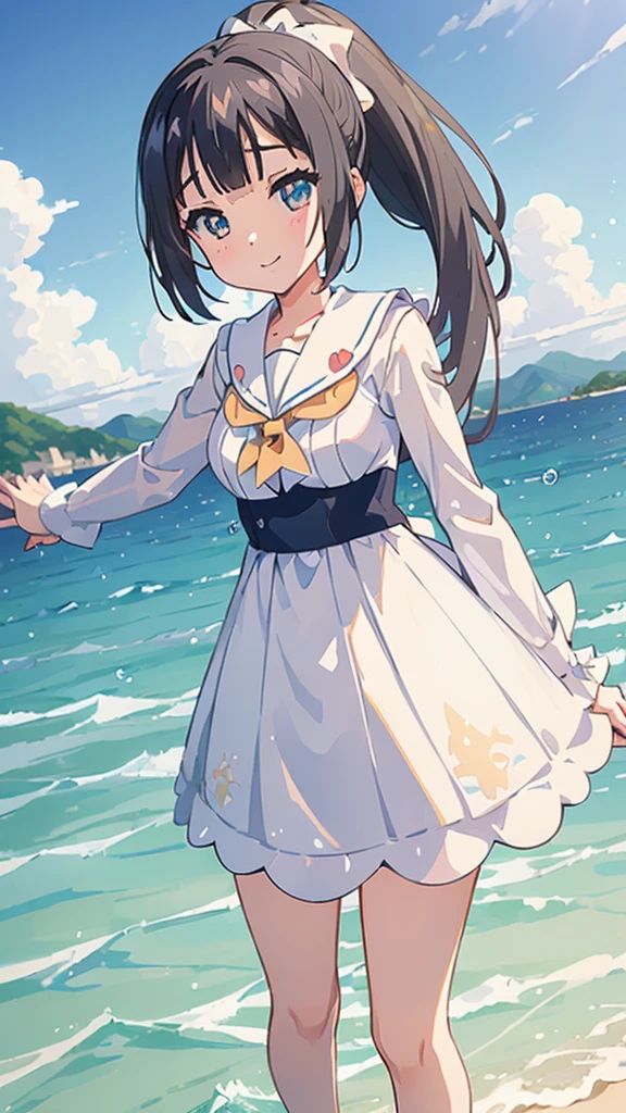 ((masterpiece)), disorganized, ((Lillie_Pokemon)), aqua eye, blonde,ponytail、beautiful white skin、white ribbon, white sailor suit、white pleated skirt , No sleeve, ((charming))、smile、perfect proportions、On a peaceful tropical sandy beach、((look at the sea))、((angle from below))、water droplets、