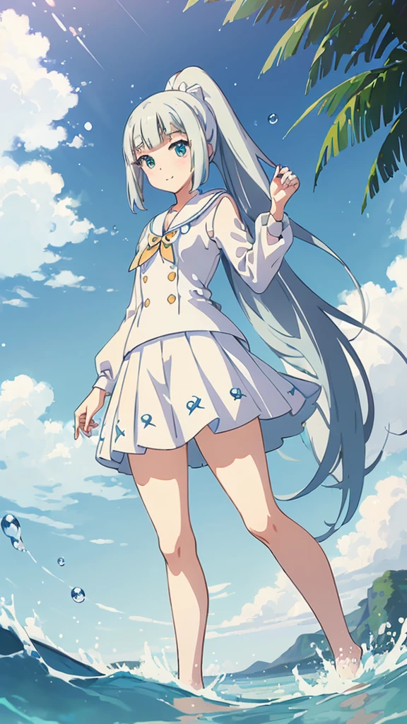 ((masterpiece)), disorganized, ((Lillie_Pokemon)), aqua eye, blonde,ponytail、beautiful white skin、white ribbon, white sailor suit、white pleated skirt , No sleeve, ((charming))、smile、perfect proportions、On a peaceful tropical sandy beach、((look at the sea))、((angle from below))、water droplets、