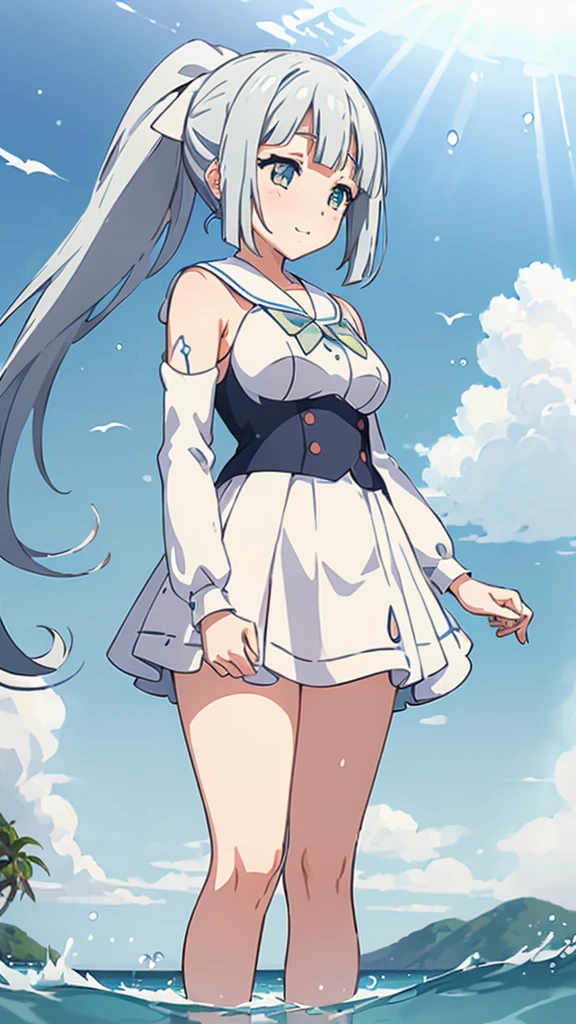 ((masterpiece)), disorganized, ((Lillie_Pokemon)), aqua eye, blonde,ponytail、beautiful white skin、white ribbon, white sailor suit、white pleated skirt , No sleeve, ((charming))、smile、perfect proportions、On a peaceful tropical sandy beach、((look at the sea))、((angle from below))、water droplets、