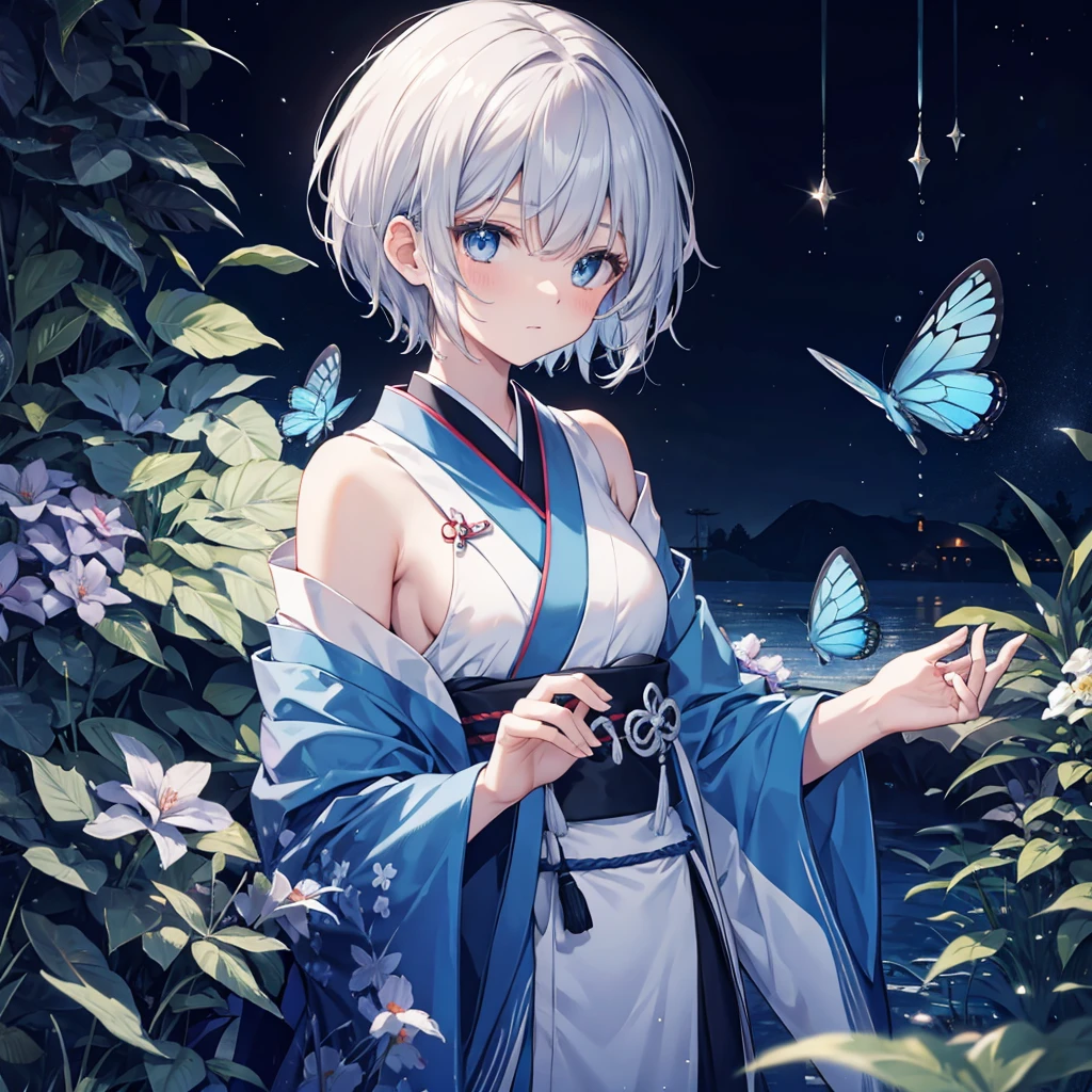 (((1 person)))　((High resolution　Gray Hair　short hair　 shoulder))　((Black Band　military commander　Lonely　despair　blue eyes))　((Blue Butterfly　night　Japanese style　old　Shining Aura　garden　water surface))　moon　star　Nude
