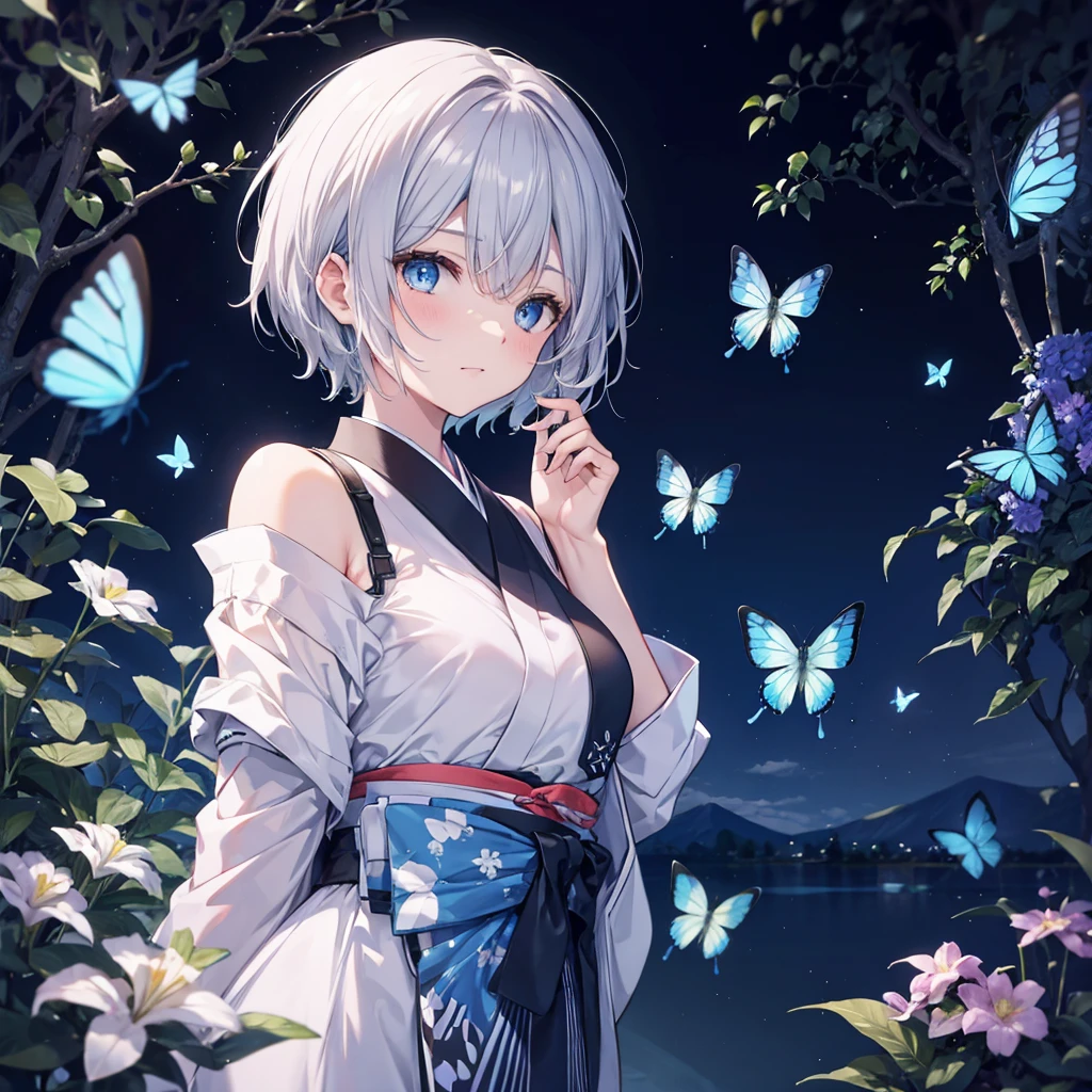 (((1 person)))　((High resolution　Gray Hair　short hair　 shoulder))　((Black Band　military commander　Lonely　despair　blue eyes))　((Blue Butterfly　night　Japanese style　old　Shining Aura　garden　water surface))　moon　star　Nude