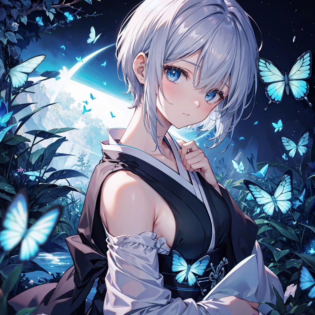 (((1 person)))　((High resolution　Gray Hair　short hair　 shoulder))　((Black Band　military commander　Lonely　despair　blue eyes))　((Blue Butterfly　night　Japanese style　old　Shining Aura　garden　water surface))　moon　star　Nude