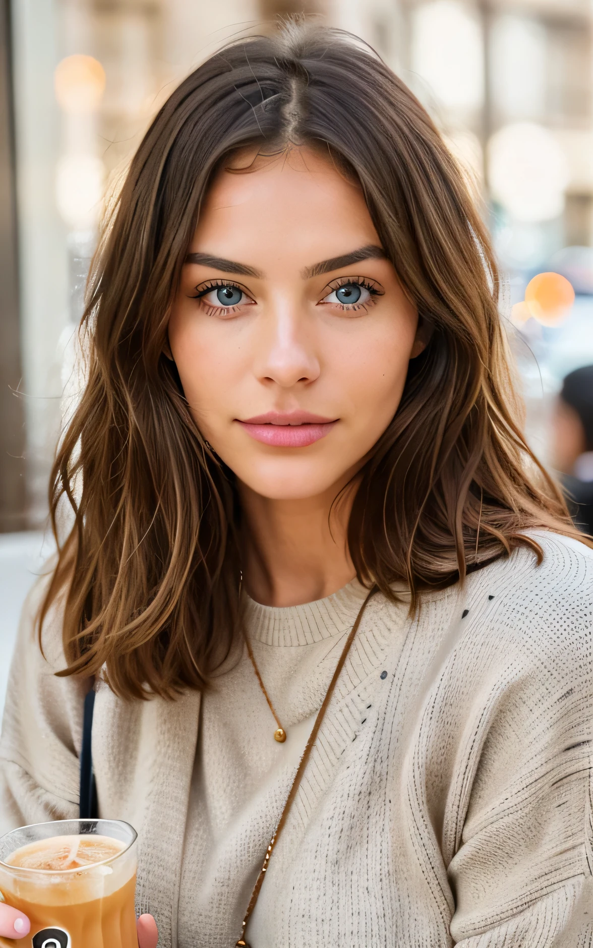 Beautiful brunette with blonde highlights wearing a beige sweater (Drinking soda at a cafe), Very detailed, 22 years old, Innocent face, Naturally Wavy Hair, blue eyes, High resolution, masterpiece, Highest quality, Exquisite and detailed, Very detailedな, Sharp focus, Detailed skin, realistic skin texture, texture, Fine grain, Professional, 4K, Cute Smile, Shot with Canon, 85mm, Shallow depth of field, Kodak Vision Color, perfect fit body, Very detailedな, photo shootr_\(Ultra\), Photorealistic, Real Stick, After treatment, Maximum details, Roughness, Real Life, Ultra realist, Photorealism, photo shoot, 8K UltraHD, photo shoot