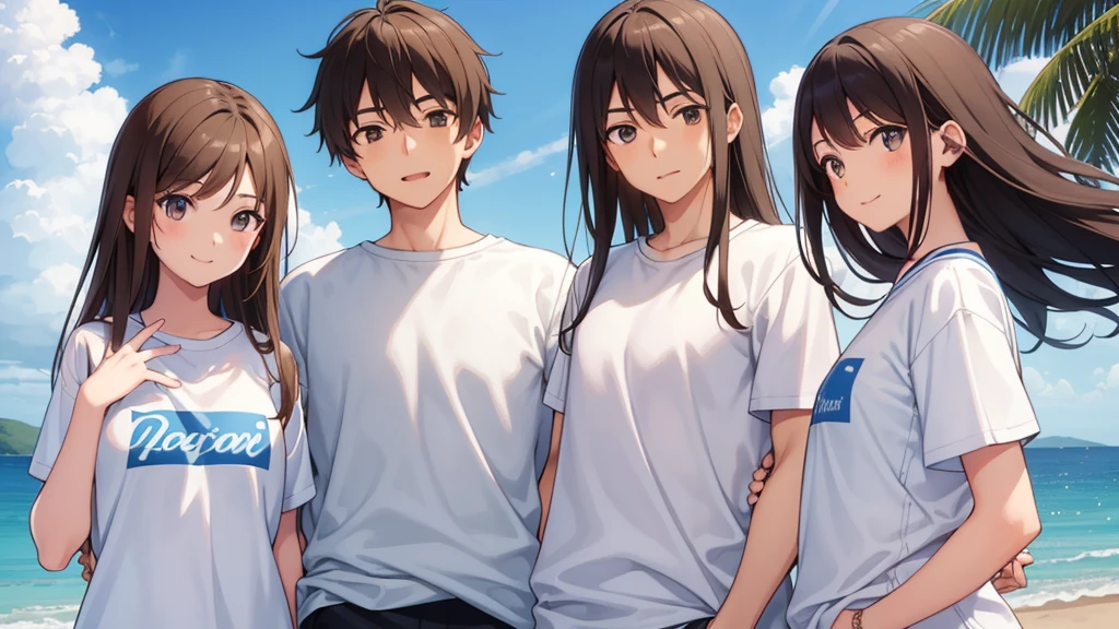 One girl, One boy,Male and female couple ,Put your hands around your back,Hands are pieces,smile,blue sky,high school student,Boys wear baseball caps,girl has long hair,Brown Hair,Soft Light,Brown eyes,瞳にSoft Light,cute,Just two people,Girl winks,uniform