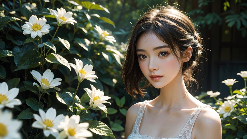 (Absurd,Ultra-high resolution,Super detailed),(Blue and white),Mature Woman,Bust photo,Surrounded by flowers,Blurred flower background,(Blurred:1.3,Soft Lighting:1.4,Cinematic light:1.4)