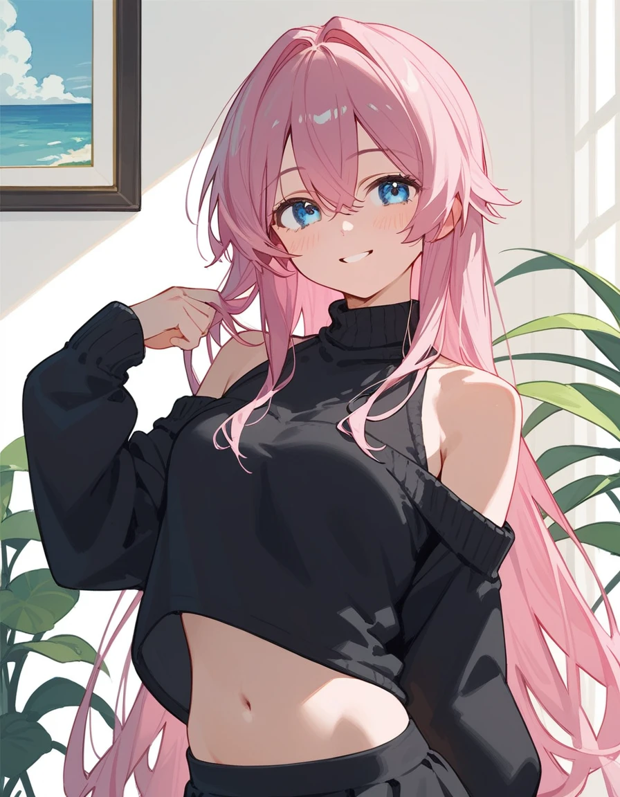 One girl, Shikimori-san, Pink Hair, Long Hair, blue eyes, Hair between the eyes, bangs, blush, compensate, smile, chest, Black sweater, Bare shoulders, No sleeve, skirt, View your viewers, Show your belly,belly button,masterpiece, Highest quality,nsfw,