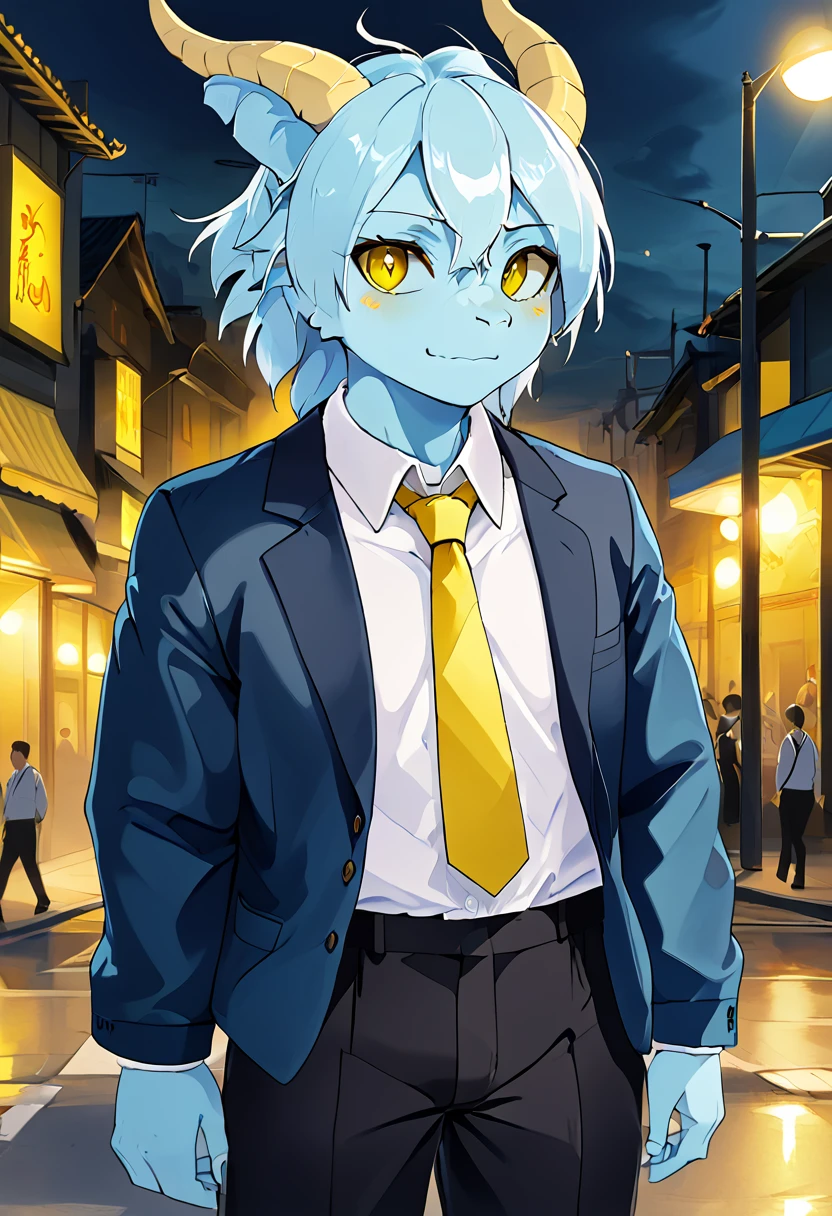 A dragon with yellow eyes light blue skin with 2 small yellow horn on head with white eyebrow hair 2 color white and dark blue with bear on both cheeks, have the height 178cm, Wearing a blue and dark green jacket with a few yellow lines inside, wearing a white collared shirt with a dark green tie and wear bit black pant