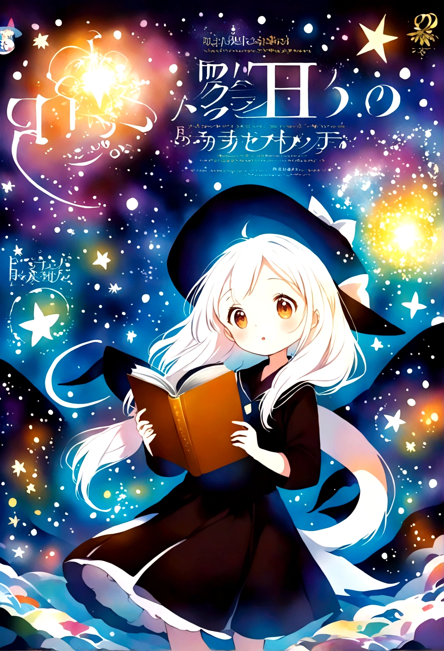 ( Magazine cover:1.2), Double tail、, Cute anime style Hagrid, Young Witch, Anime cute art style, Marisa Kirisame, Witch Girl, Anime Characters, as an Anime Characters, Possess magical powers, young wizard, A different world, Holding a magic book，Look at the stars