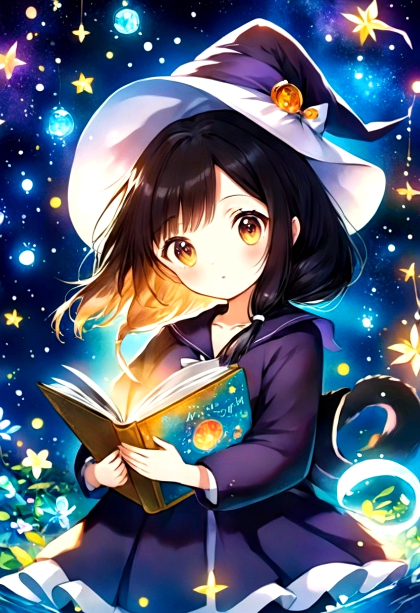 ( Magazine cover:1.2), Double tail、, Cute anime style Hagrid, Young Witch, Anime cute art style, Marisa Kirisame, Witch Girl, Anime Characters, as an Anime Characters, Possess magical powers, young wizard, A different world, Holding a magic book，Look at the stars