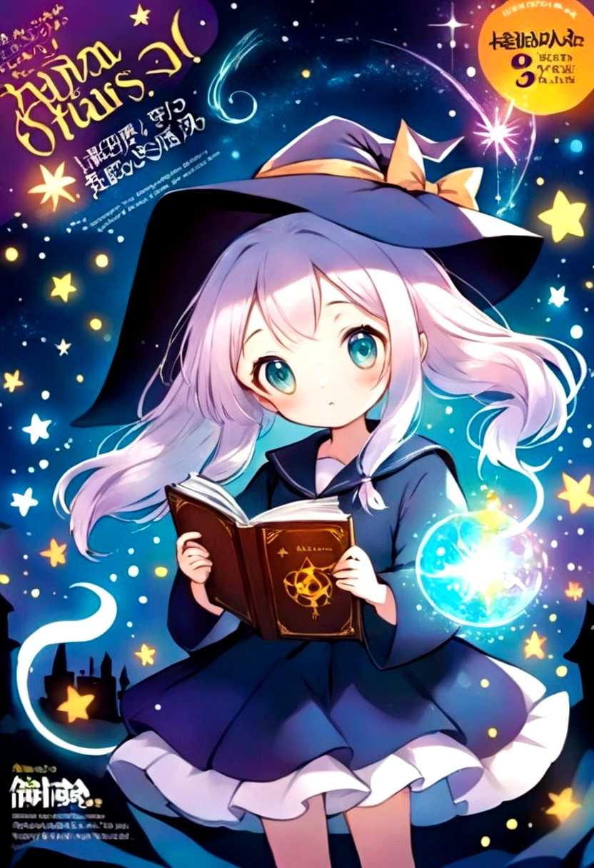 ( Magazine cover:1.2), Double tail、, Cute anime style Hagrid, Young Witch, Anime cute art style, Marisa Kirisame, Witch Girl, Anime Characters, as an Anime Characters, Possess magical powers, young wizard, A different world, Holding a magic book，Look at the stars