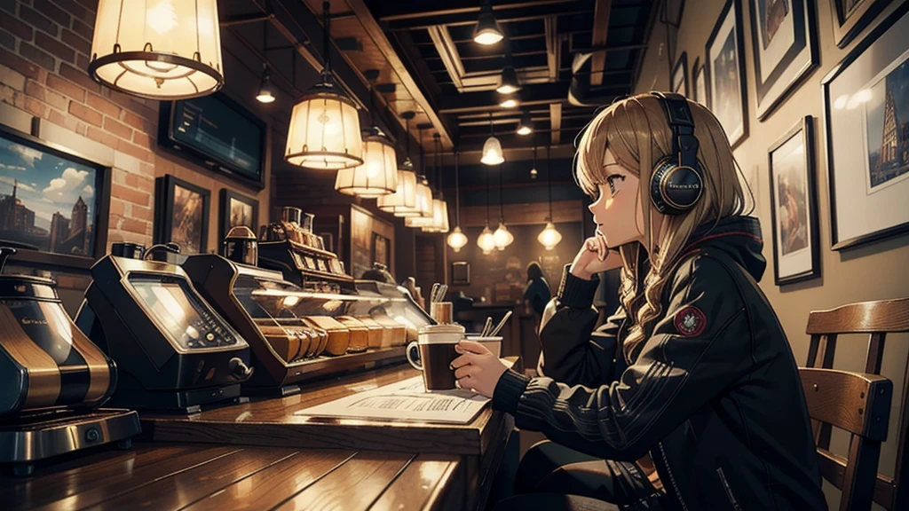 (longshot), wideshot, (film noise), (coffee shop 1.3), cozy shilled coffee shop, (masterpiece, highest quality, highest quality, official art, beautiful and aesthetic: 1.2), (woman listening to music with 1 headphones), very detailed, (fractal art: 1.4), supreme detail, coffee makers, (notes: 1.4), ( lo-fi hip-hop), side view, anime texture, solo, picture of coffee shop