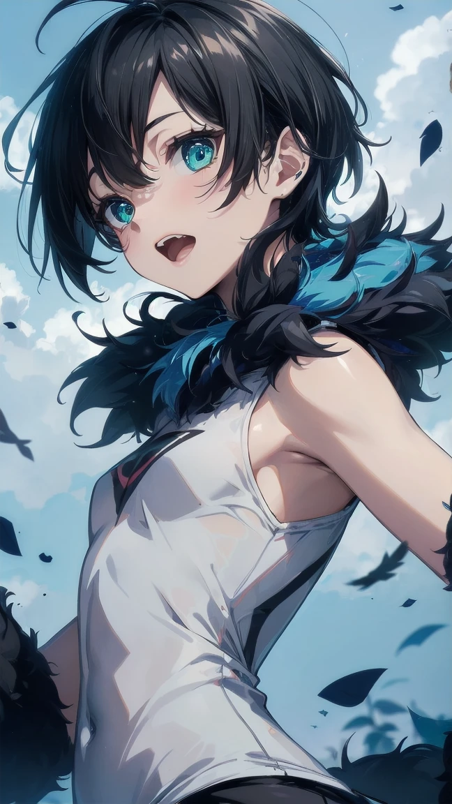 Close-up of a cartoon girl with blue hair and a yellow shirt, 2D Animation, 2D Animation style, 2D Art, 2D Art, 2D from Gorillaz, 2D from Gorillaz, 2D Gorillaz, Screaming Cerket, 2D Sprites, Jinx Face, short hair, Small breasts, hot pants, ((Black Hair, Bright blue fur inside:1.4))
